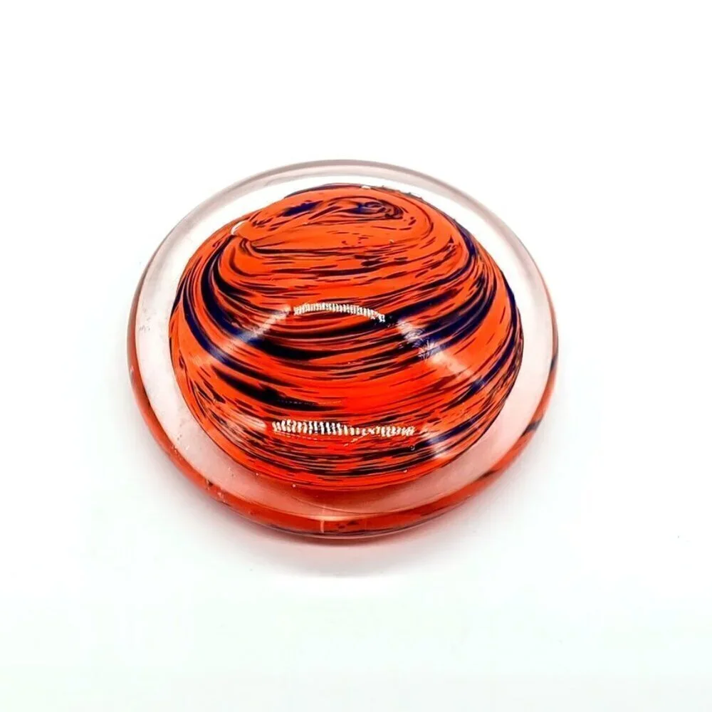 Handblown Orange Purple Swirl Art Glass Round Paperweight